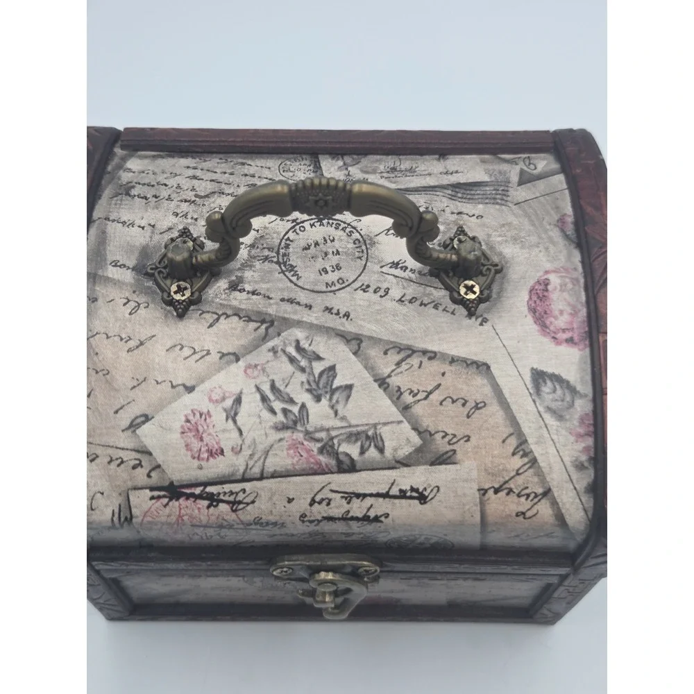 Vintage Wooden Jewelry Box Rose Peony And Script Design Storage box 7''